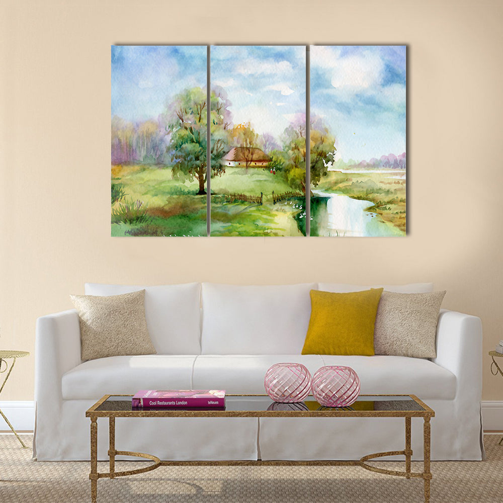 Watercolor Landscape Collection Village Life Multi Panel Canvas Wall Art