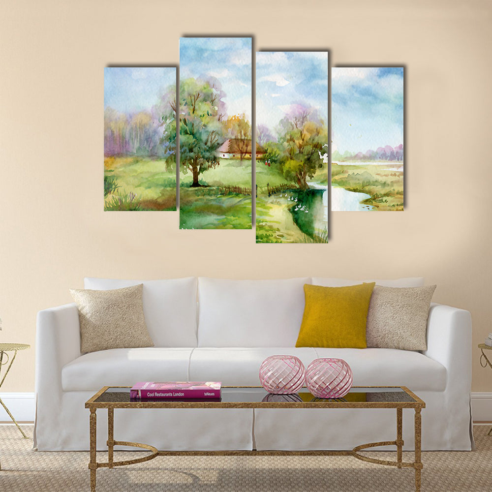 Watercolor Landscape Collection Village Life Multi Panel Canvas Wall Art