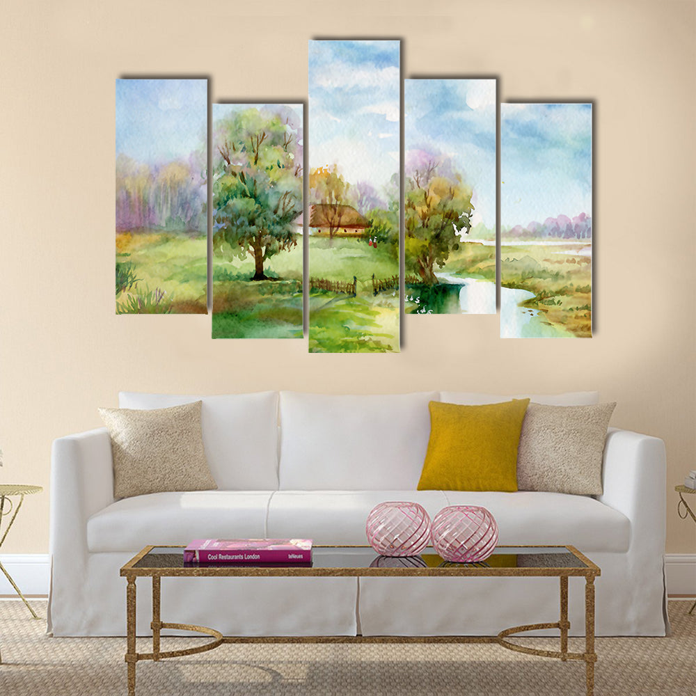Watercolor Landscape Collection Village Life Multi Panel Canvas Wall Art