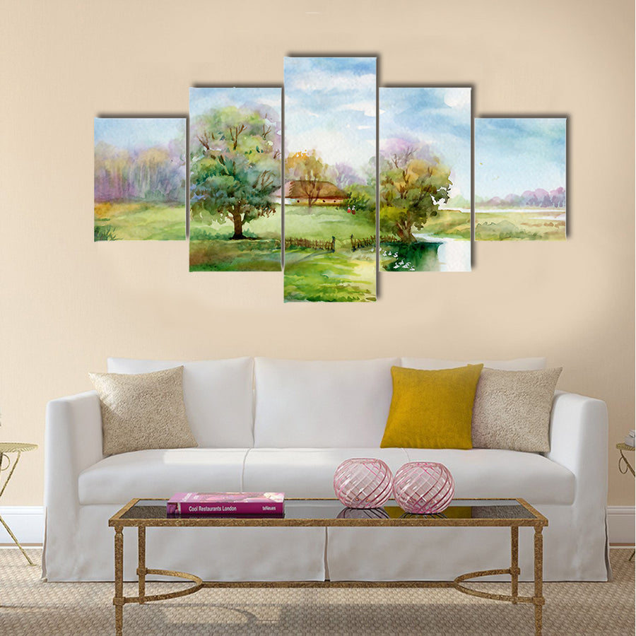 Watercolor Landscape Collection Village Life Multi Panel Canvas Wall Art