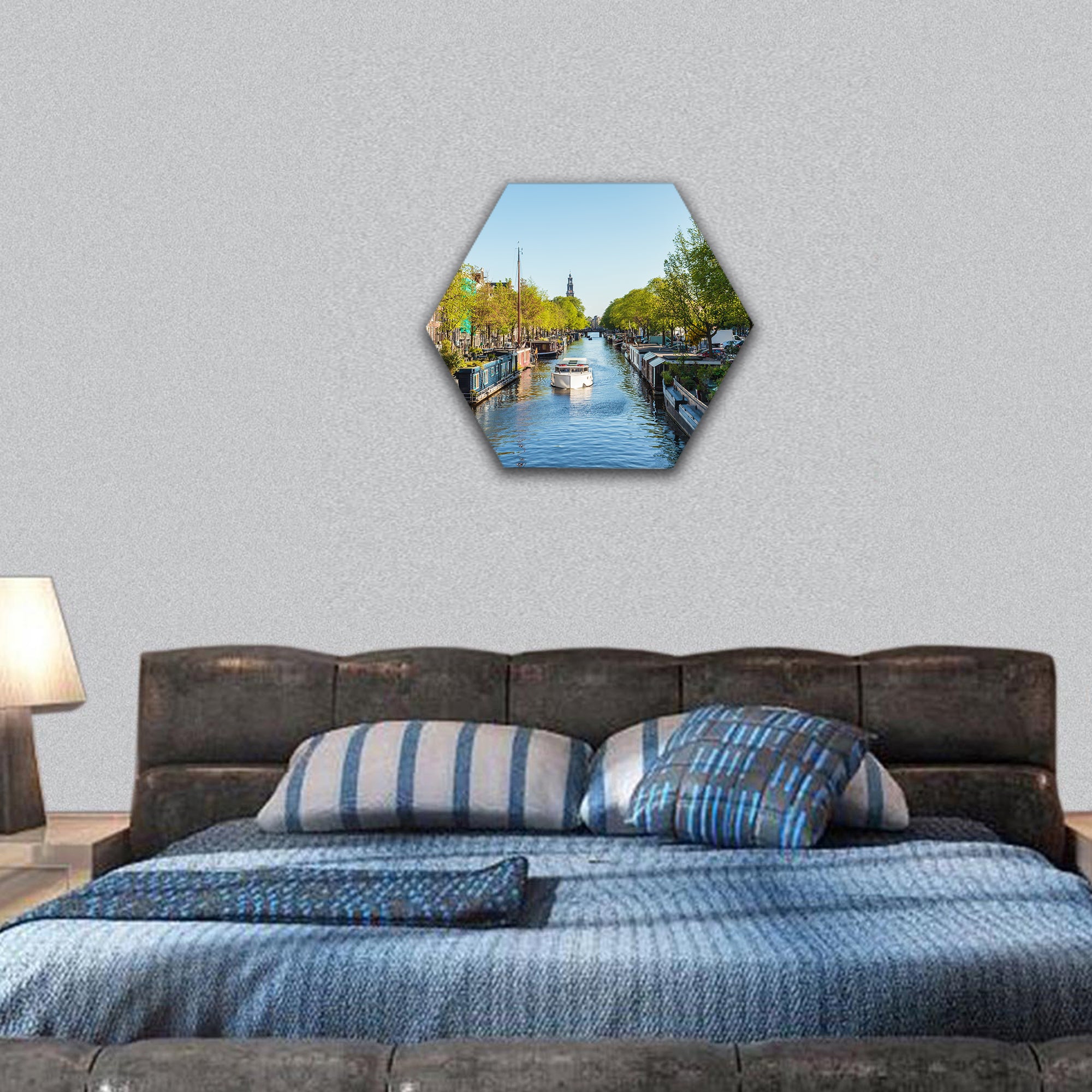 houseboats on Dutch Prinsengracht canal in Amsterdam hexagonal canvas wall art