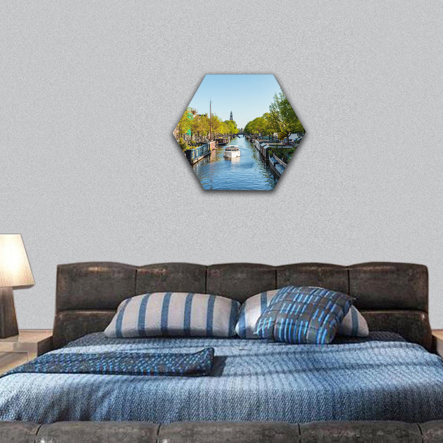 houseboats on Dutch Prinsengracht canal in Amsterdam hexagonal canvas wall art