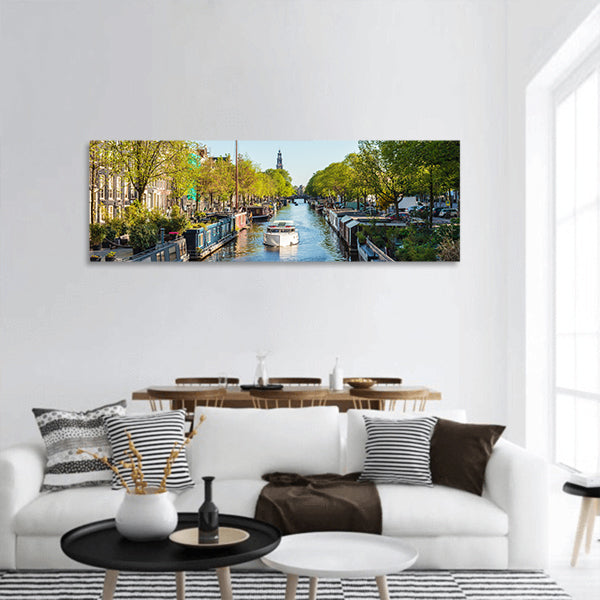 Houseboats on Dutch Prinsengracht canal in Amsterdam panoramic canvas wall art