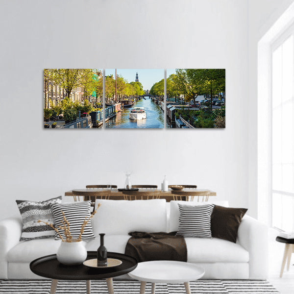 Houseboats on Dutch Prinsengracht canal in Amsterdam panoramic canvas wall art