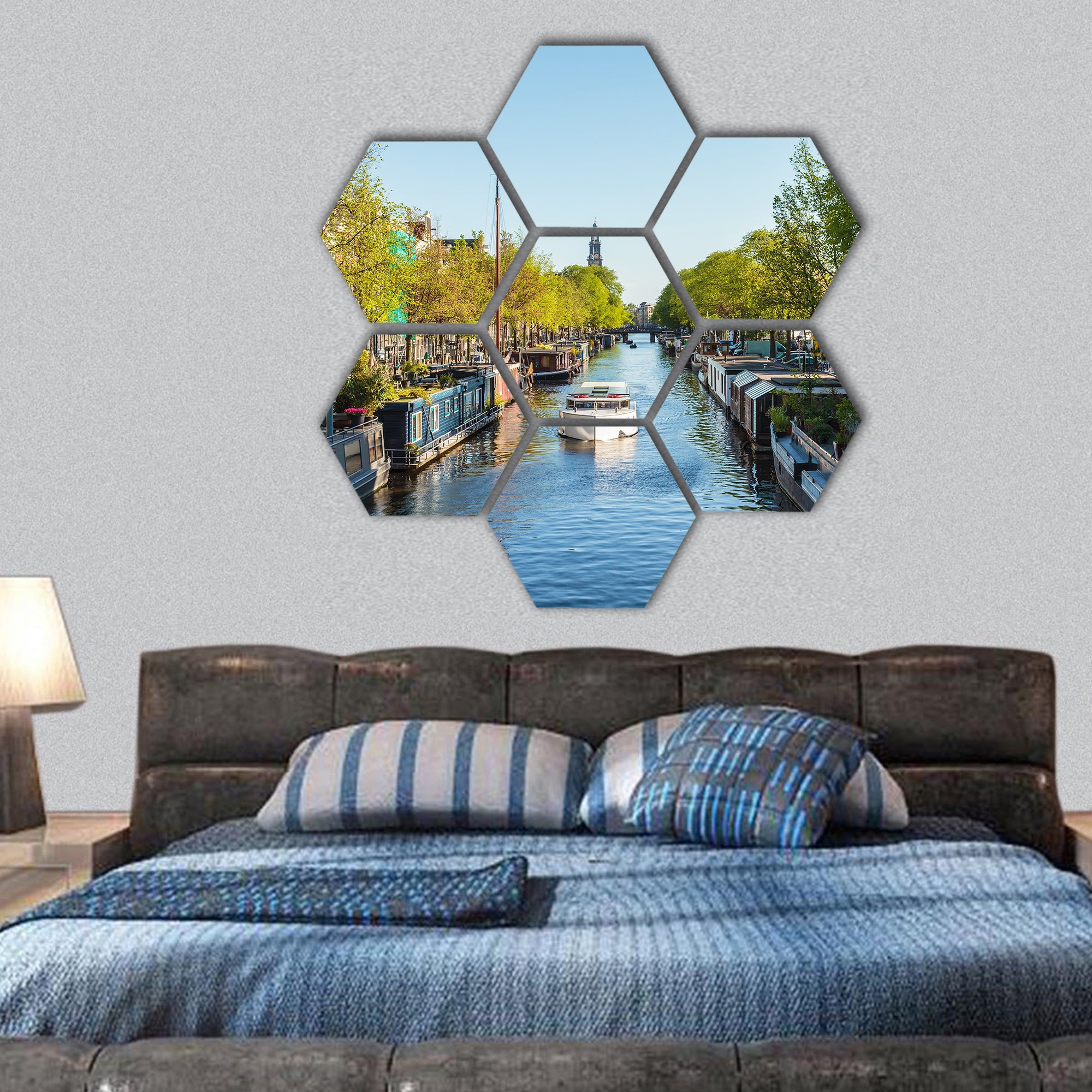 houseboats on Dutch Prinsengracht canal in Amsterdam hexagonal canvas wall art