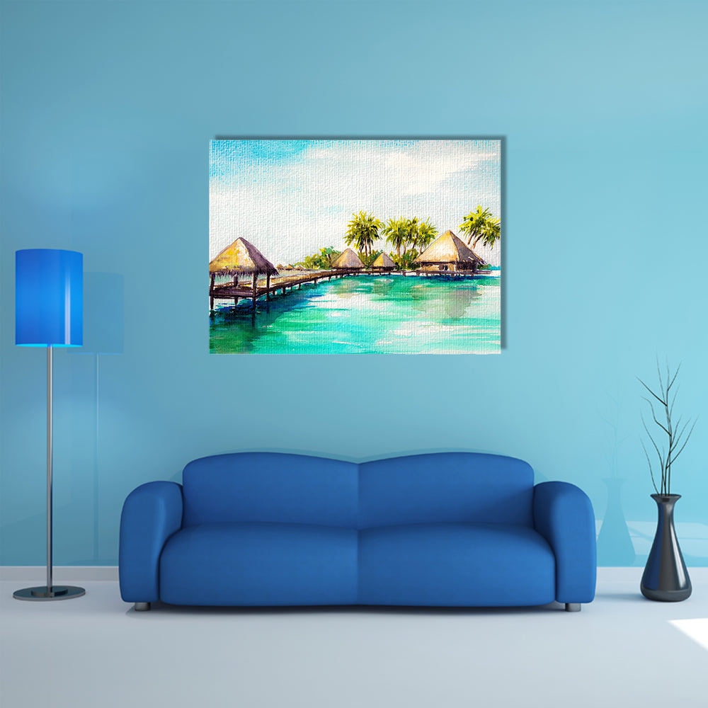 Over water bungalows in blue sea watercolor Multi Panel Canvas Wall Art