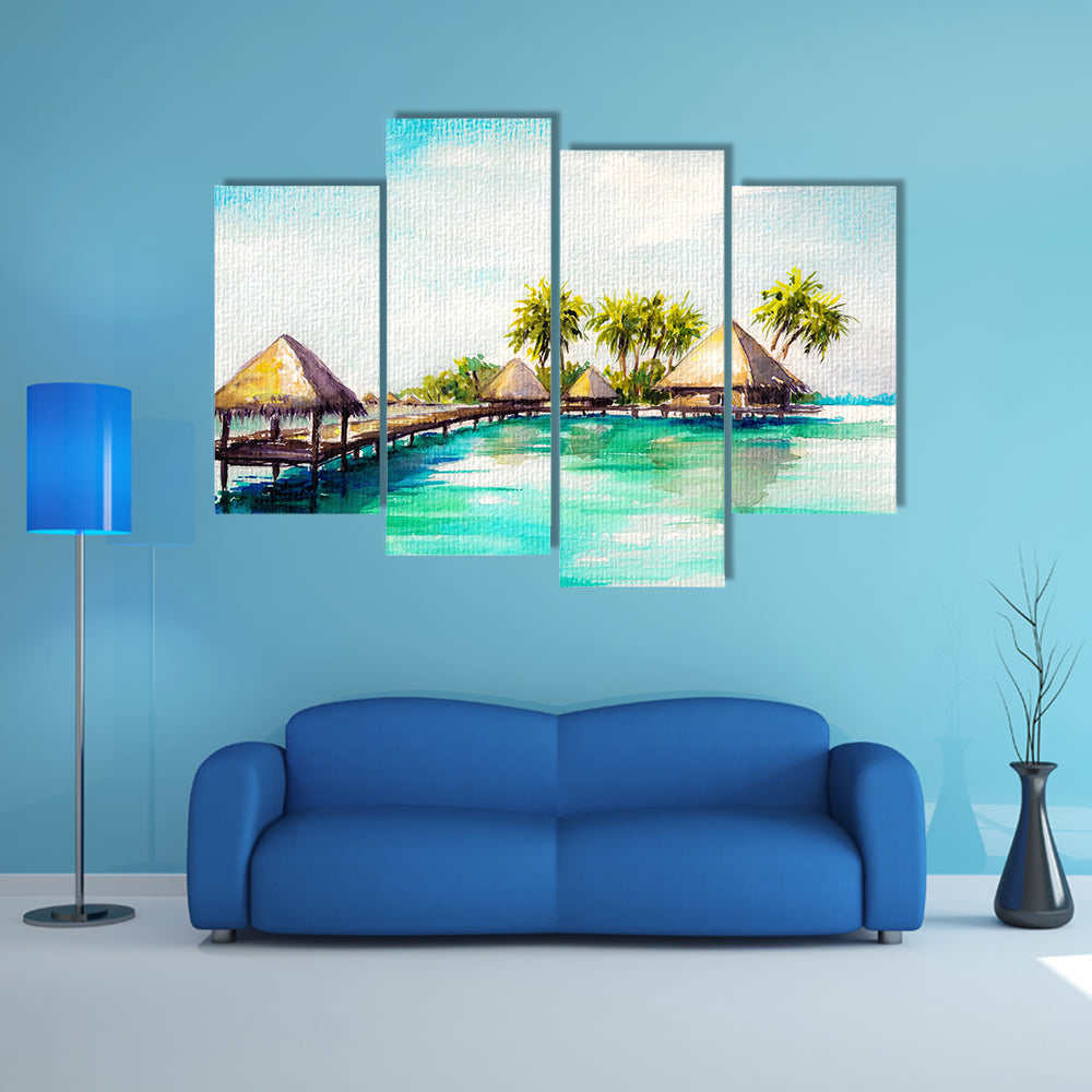 Over water bungalows in blue sea watercolor Multi Panel Canvas Wall Art
