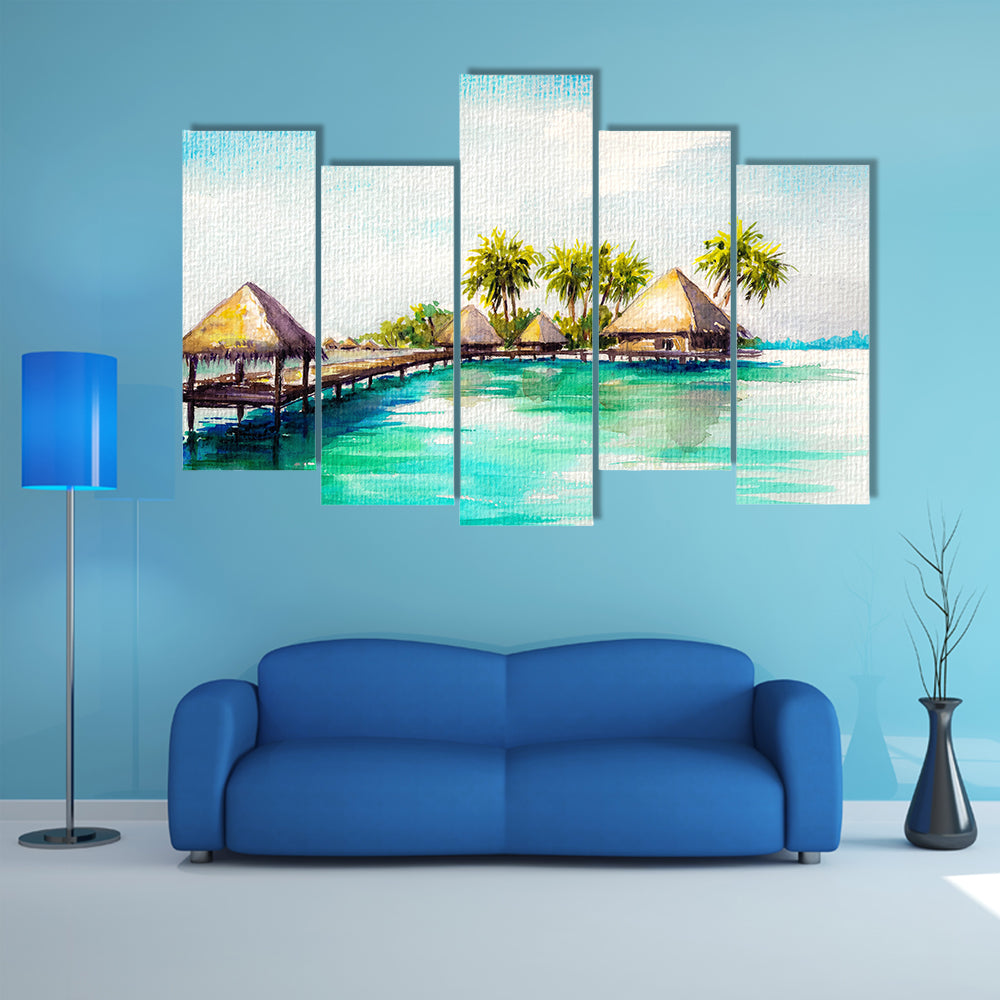 Over water bungalows in blue sea watercolor Multi Panel Canvas Wall Art