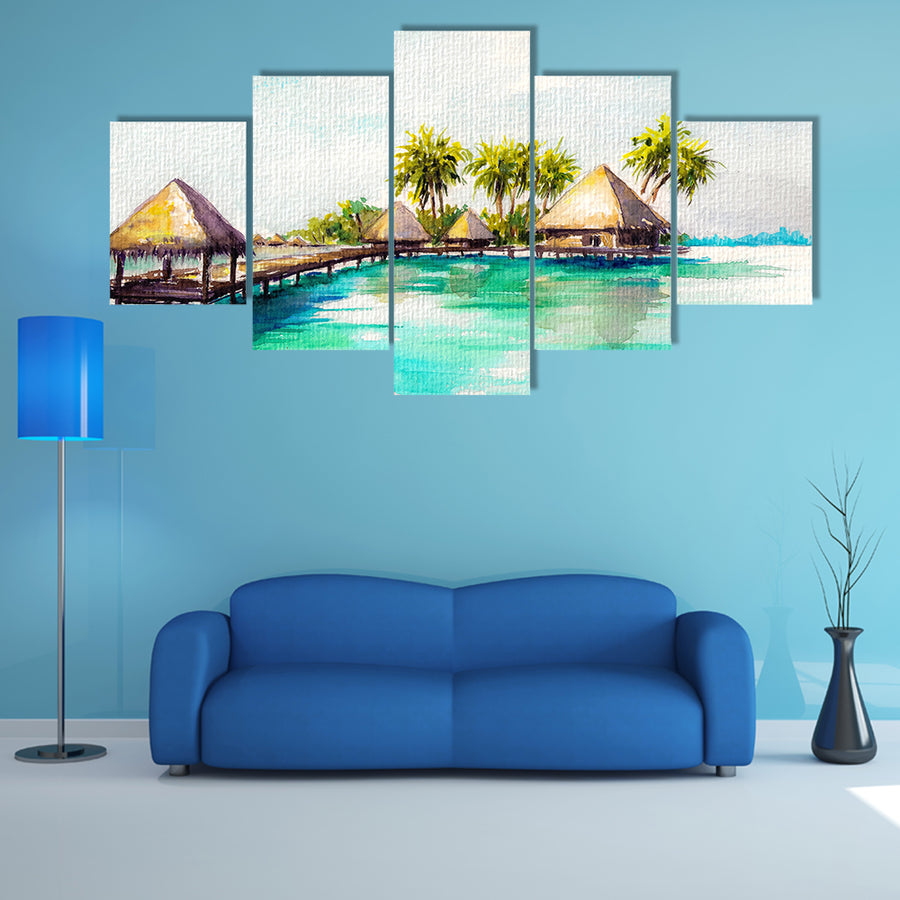 Over water bungalows in blue sea watercolor Multi Panel Canvas Wall Art