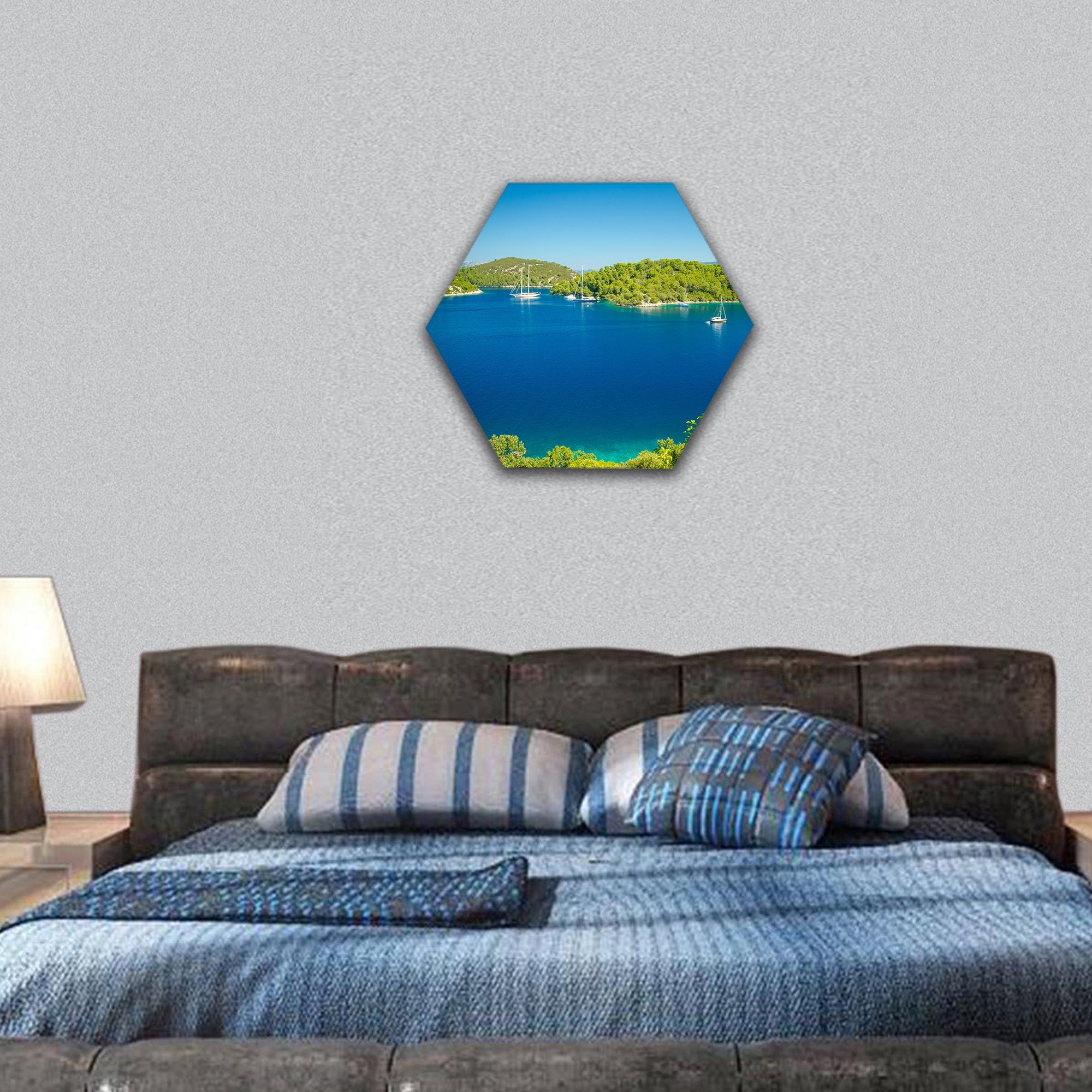Coast line of Mljet Croatia with the mountains hexagonal canvas wall art