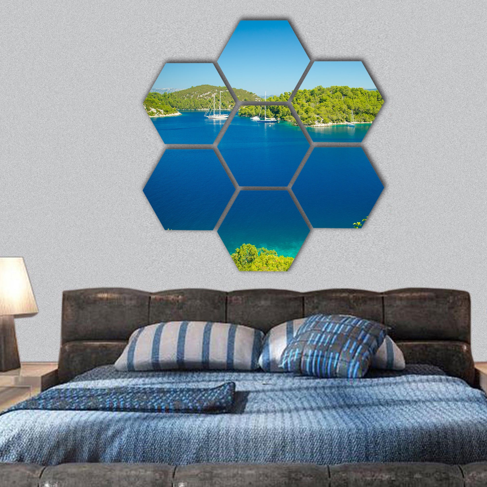 Coast line of Mljet Croatia with the mountains hexagonal canvas wall art