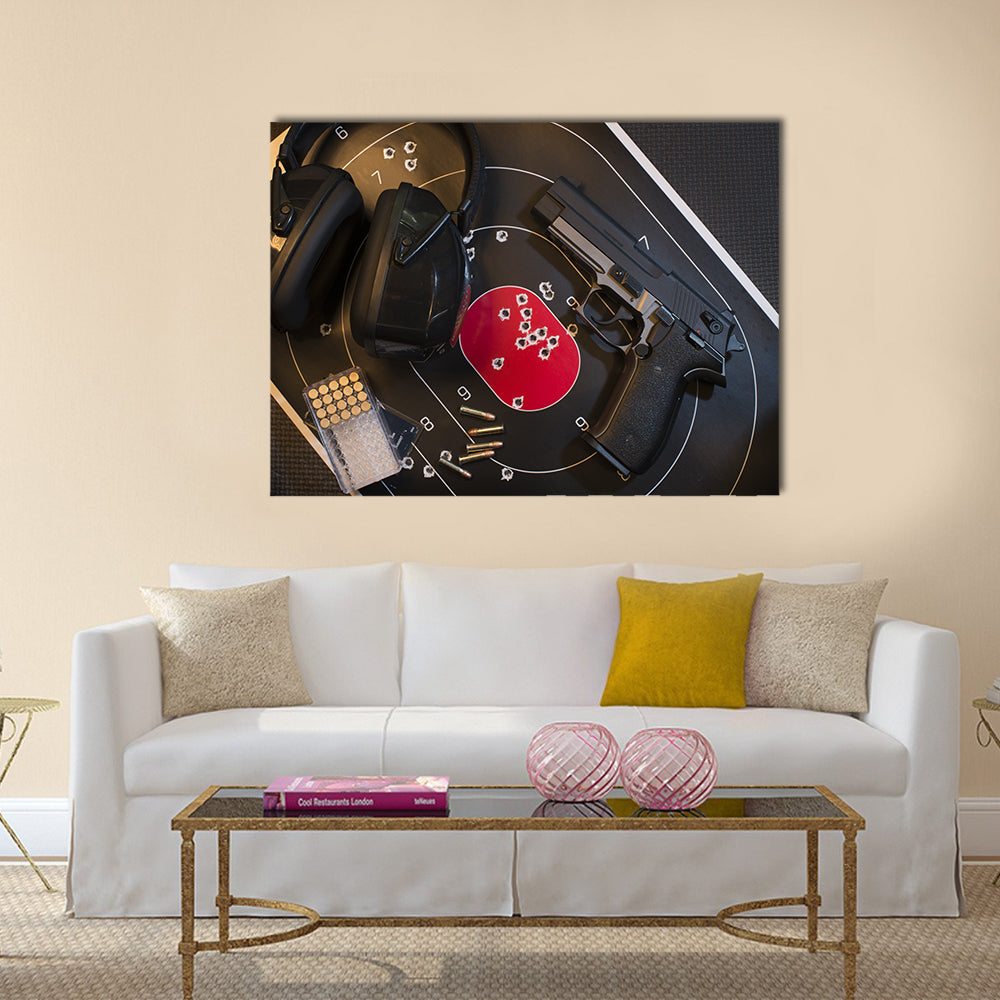 Pistol, Target and Ammo  multi panel canvas wall art