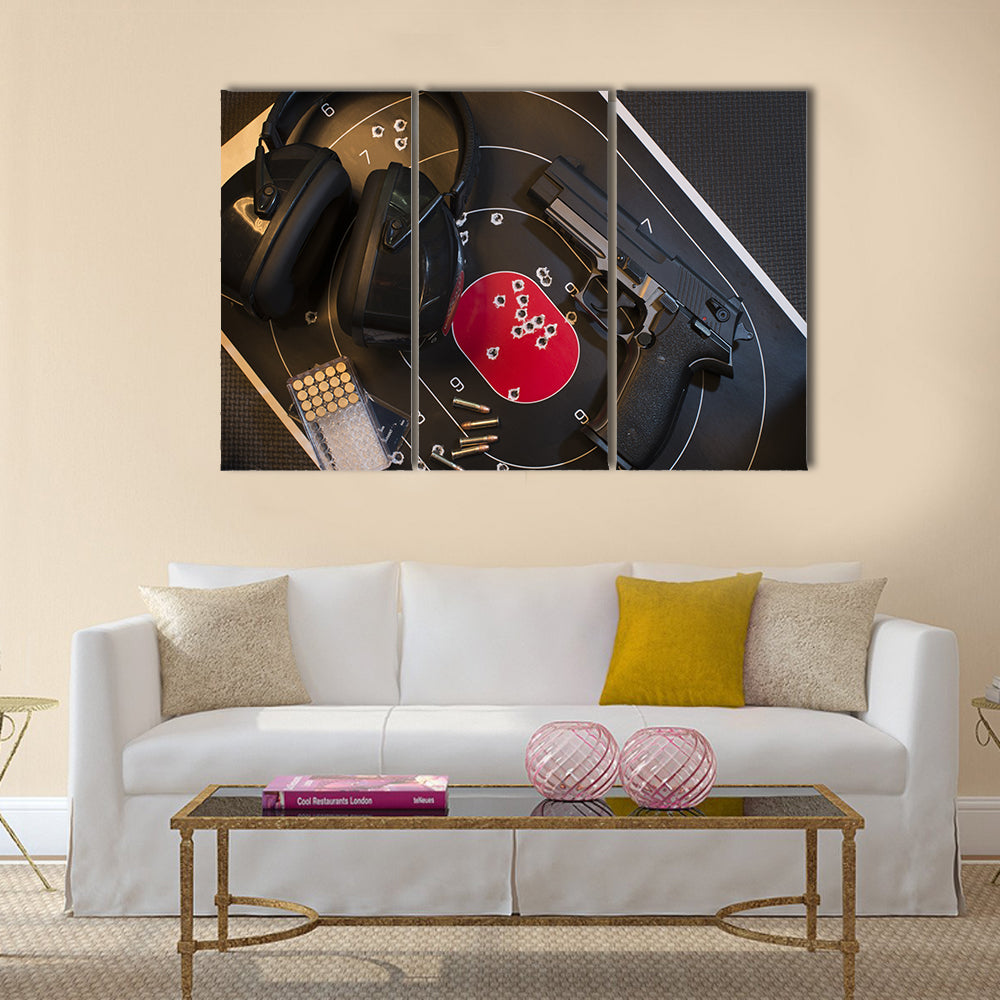 Pistol, Target and Ammo  multi panel canvas wall art