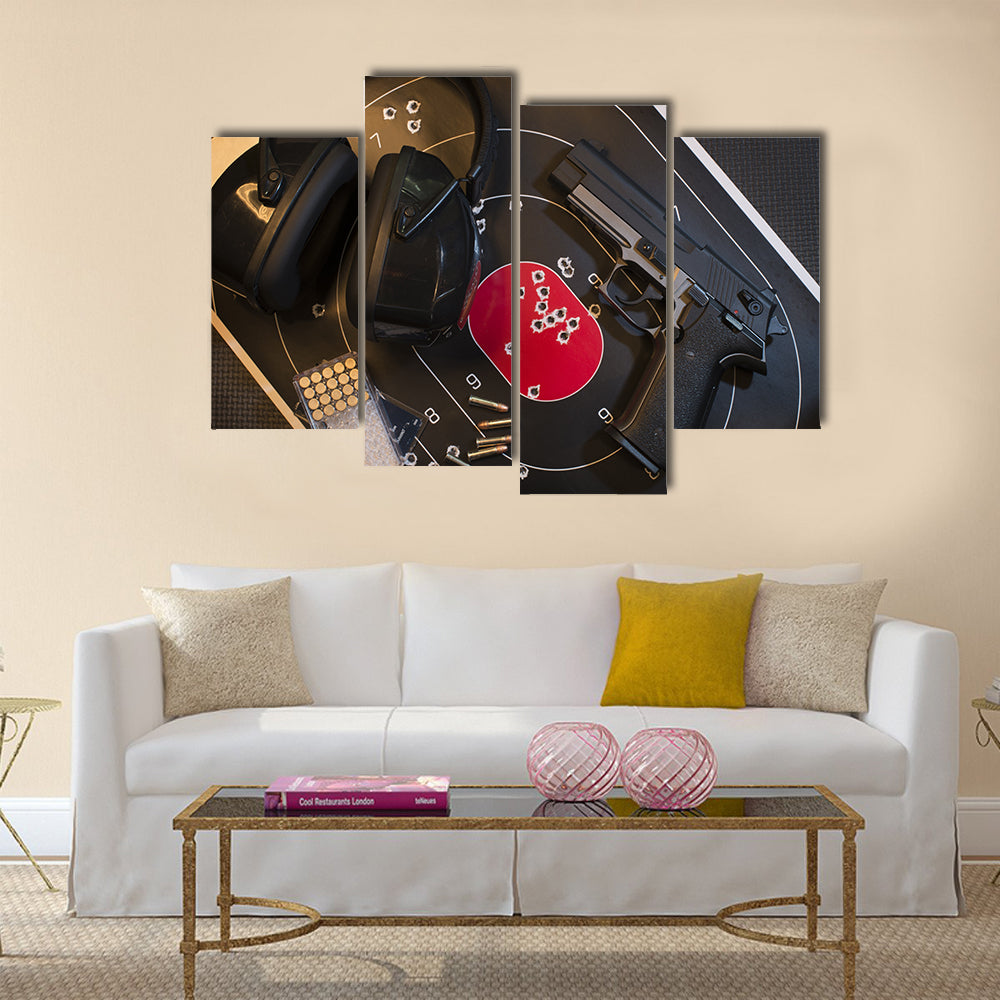 Pistol, Target and Ammo  multi panel canvas wall art