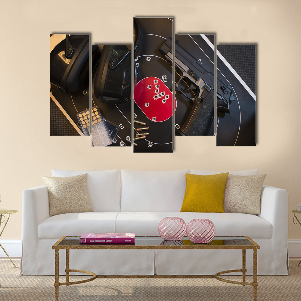 Pistol, Target and Ammo  multi panel canvas wall art