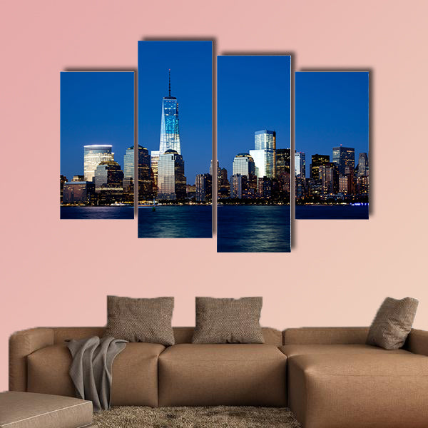 The new Freedom Tower and Lower Manhattan Skyline at Night Multi panel canvas wall art