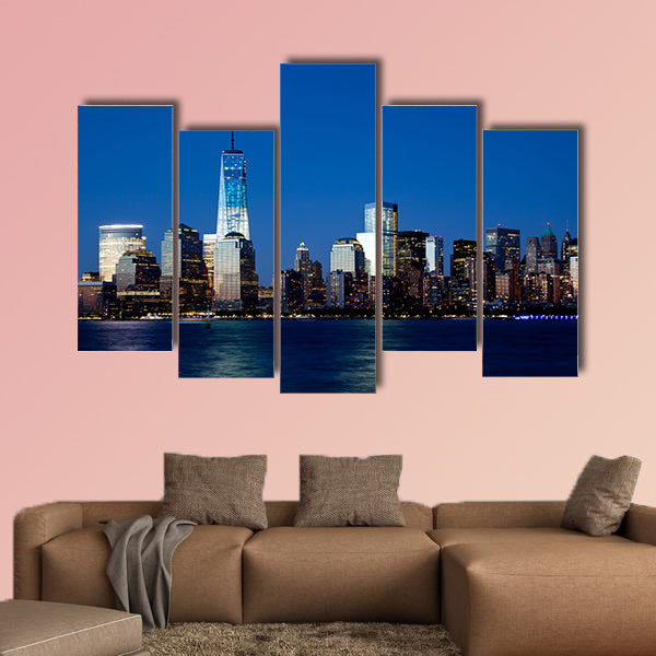The new Freedom Tower and Lower Manhattan Skyline at Night Multi panel canvas wall art
