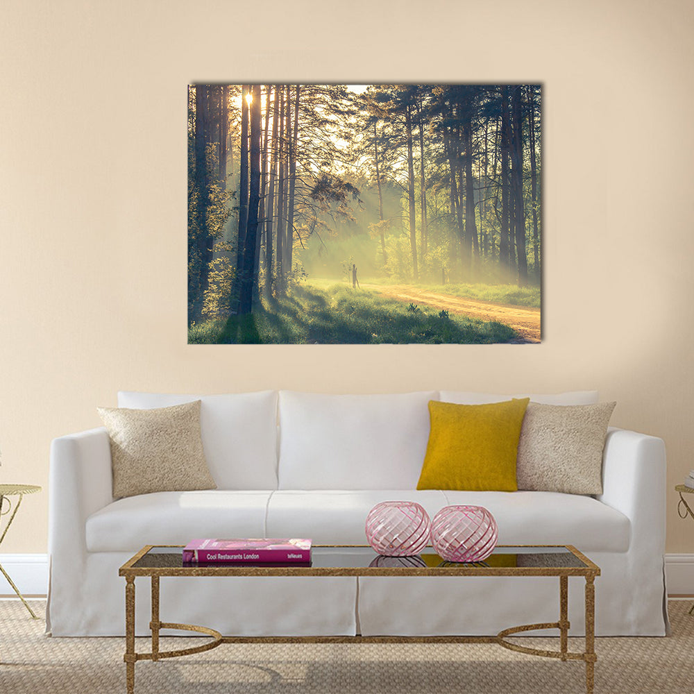 Evening forest with sun and volume light multi panel canvas wall art