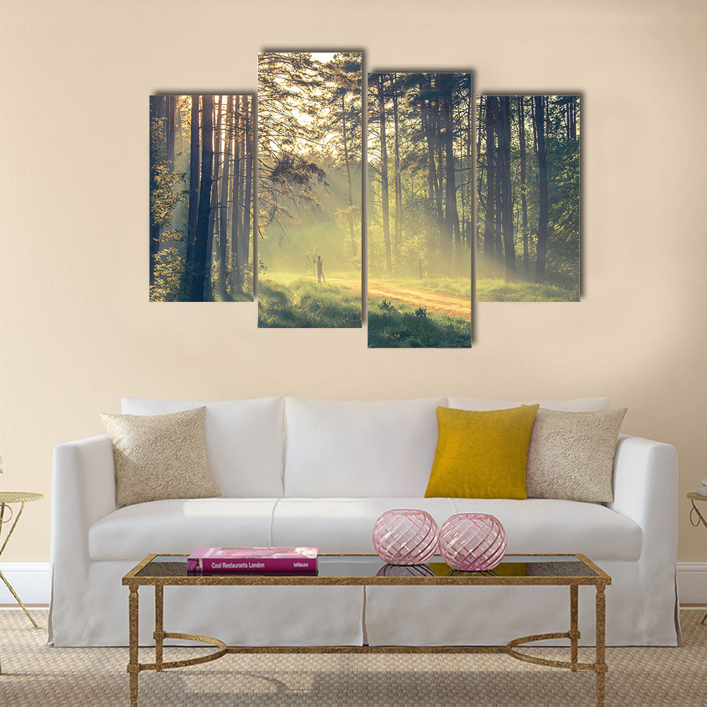 Evening forest with sun and volume light multi panel canvas wall art