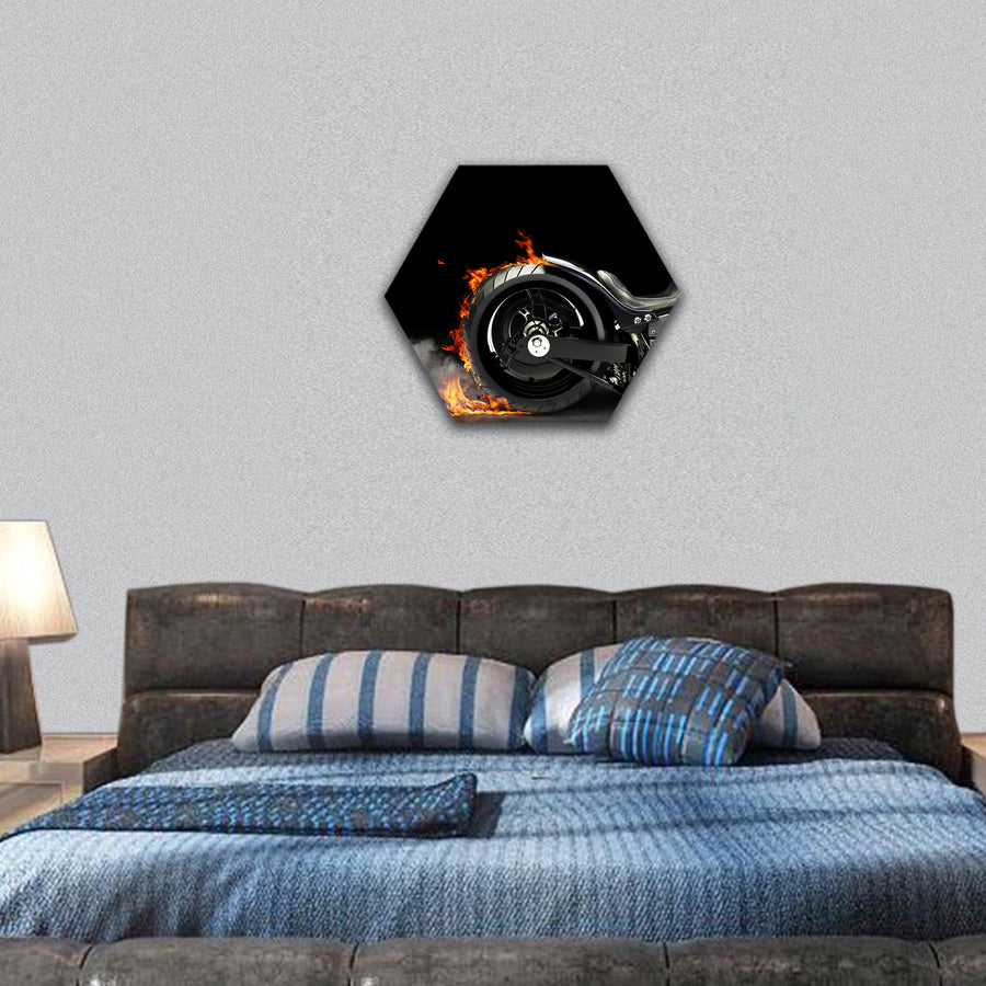 black motorcycle burnout on a black background Room hexagonal canvas wall art
