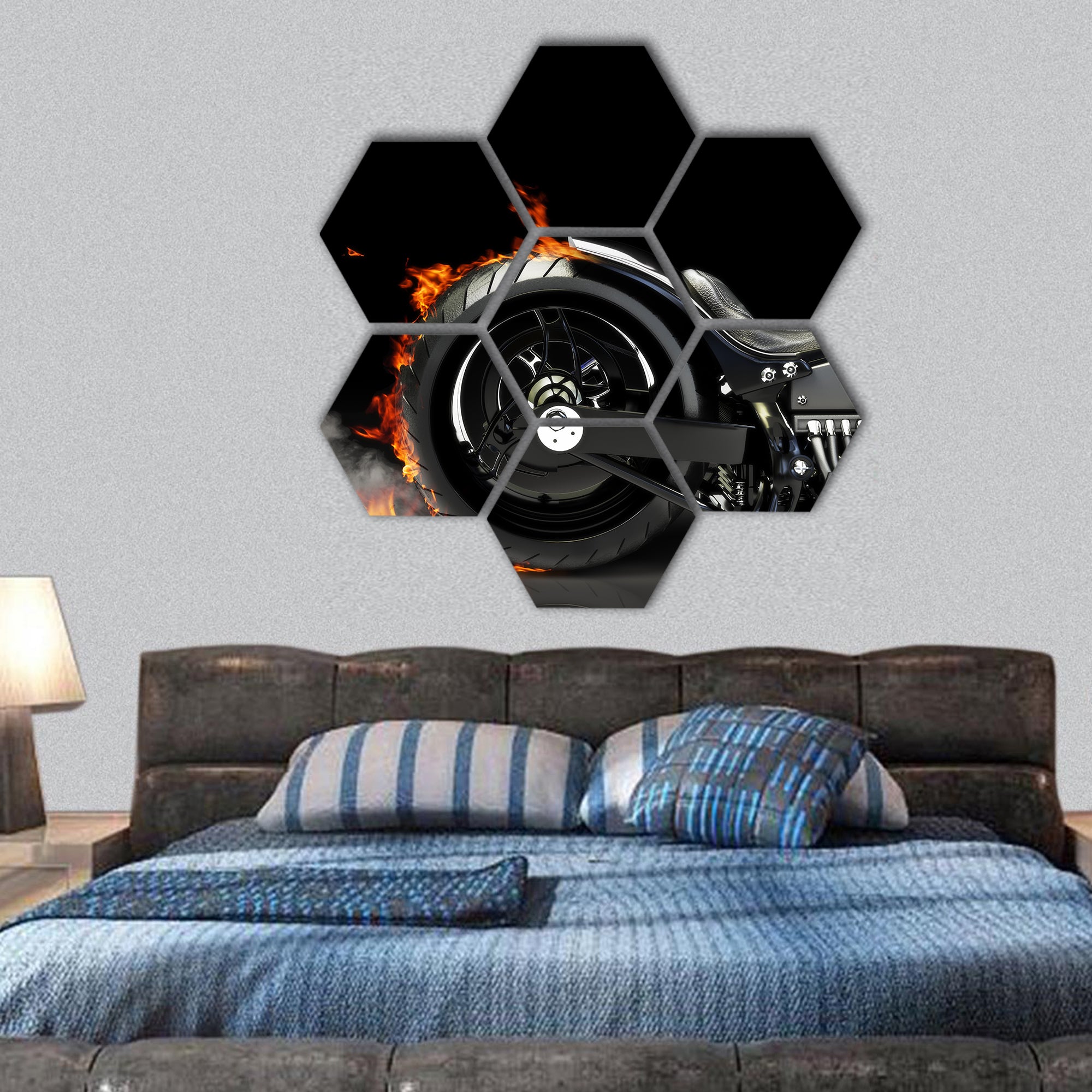black motorcycle burnout on a black background Room hexagonal canvas wall art