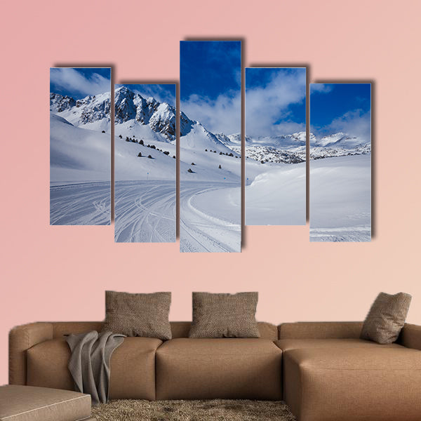 Fresh ski slope and mountains in sunny day Multi panel canvas wall art