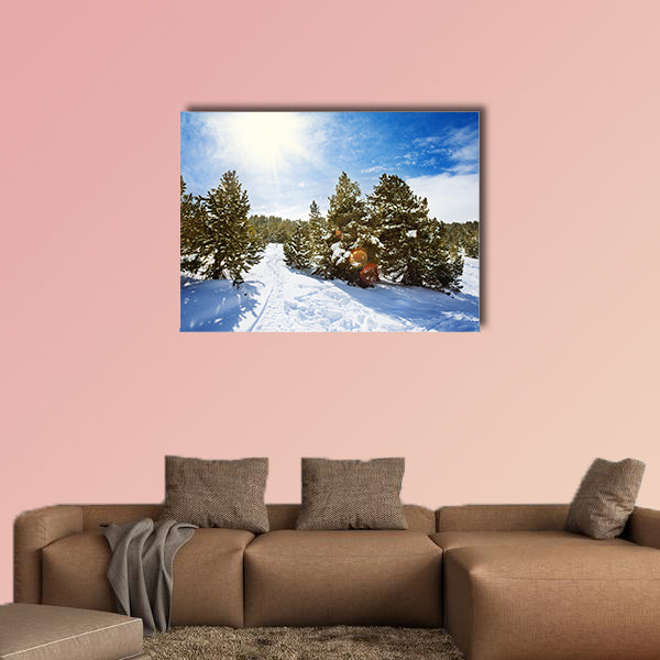 Snow path in snowy mountain forest with pines and spruce trees multi panel canvas wall art