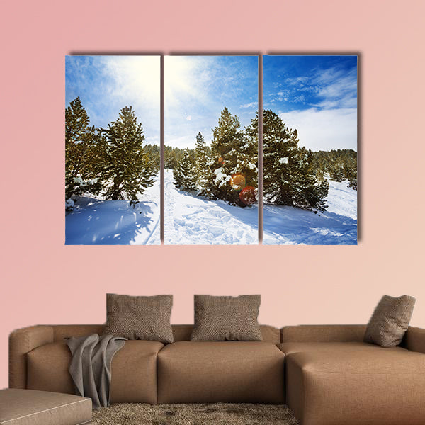 Snow path in snowy mountain forest with pines and spruce trees multi panel canvas wall art