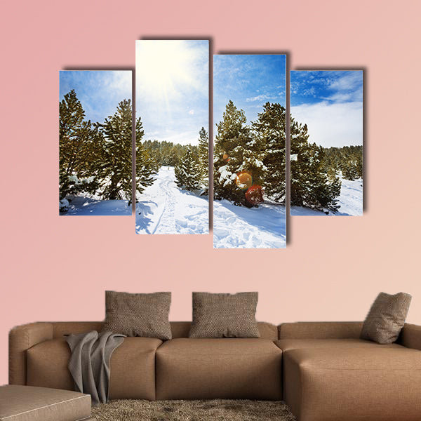 Snow path in snowy mountain forest with pines and spruce trees multi panel canvas wall art
