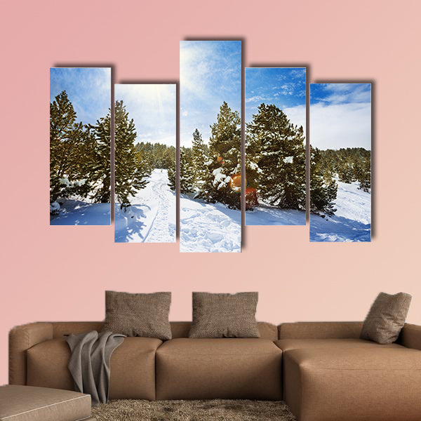 Snow path in snowy mountain forest with pines and spruce trees multi panel canvas wall art