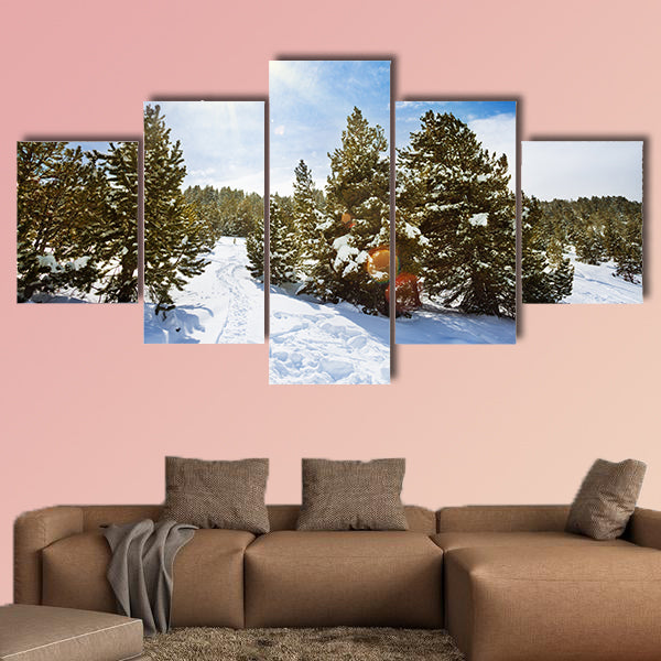 Snow path in snowy mountain forest with pines and spruce trees multi panel canvas wall art