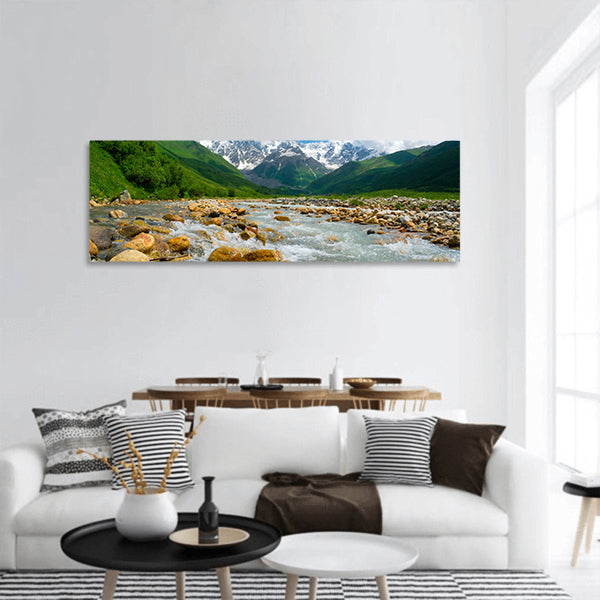 Enguri river near Ushguli, Svaneti, Georgia Shkhara mountain panoramic canvas wall art