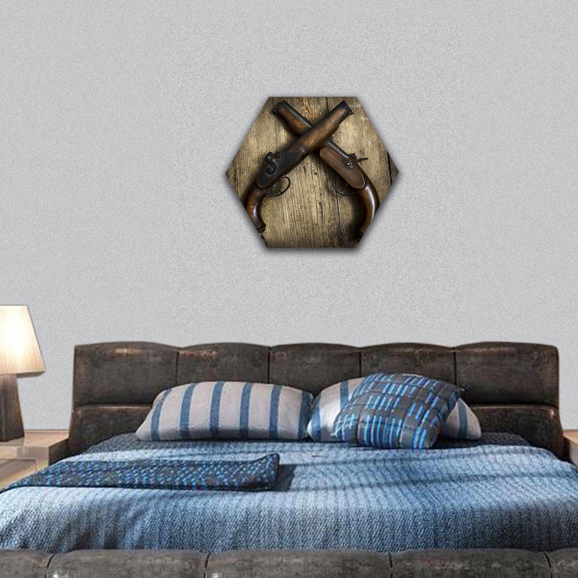 Two vintage pistols on wooden background hexagonal canvas wall art