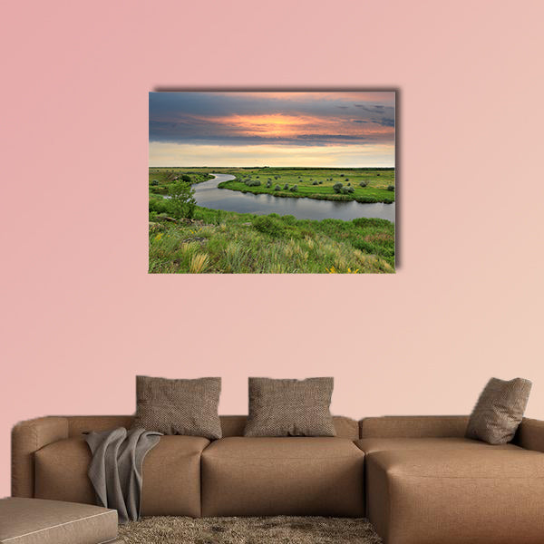Landscape with river in steppe before rain on sunset Multi panel canvas wall art