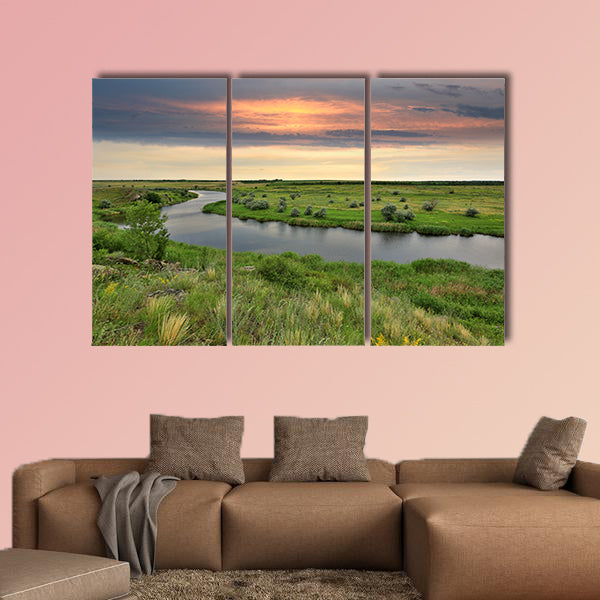 Landscape with river in steppe before rain on sunset Multi panel canvas wall art