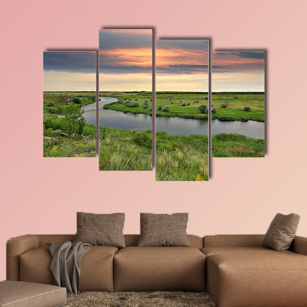Landscape with river in steppe before rain on sunset Multi panel canvas wall art