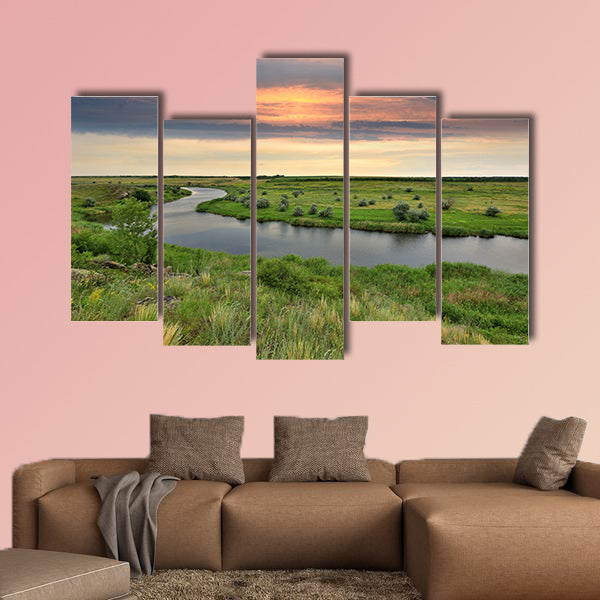 Landscape with river in steppe before rain on sunset Multi panel canvas wall art