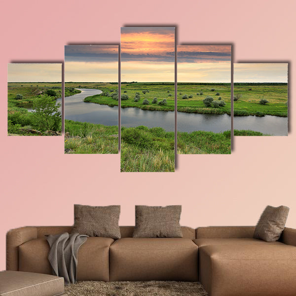Landscape with river in steppe before rain on sunset Multi panel canvas wall art