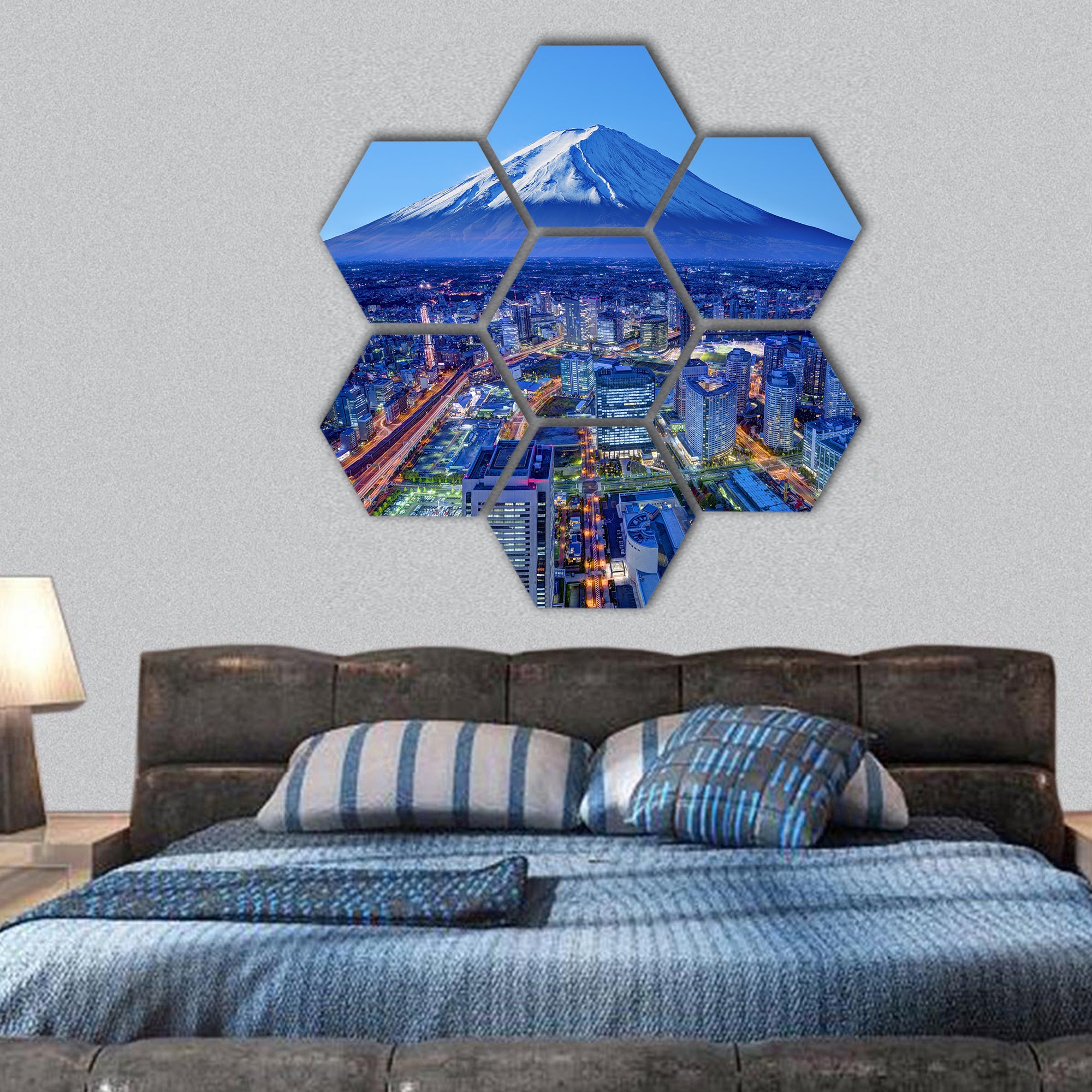 Skyline of Mt. Fuji and Yokohama, Japan hexagonal canvas wall art