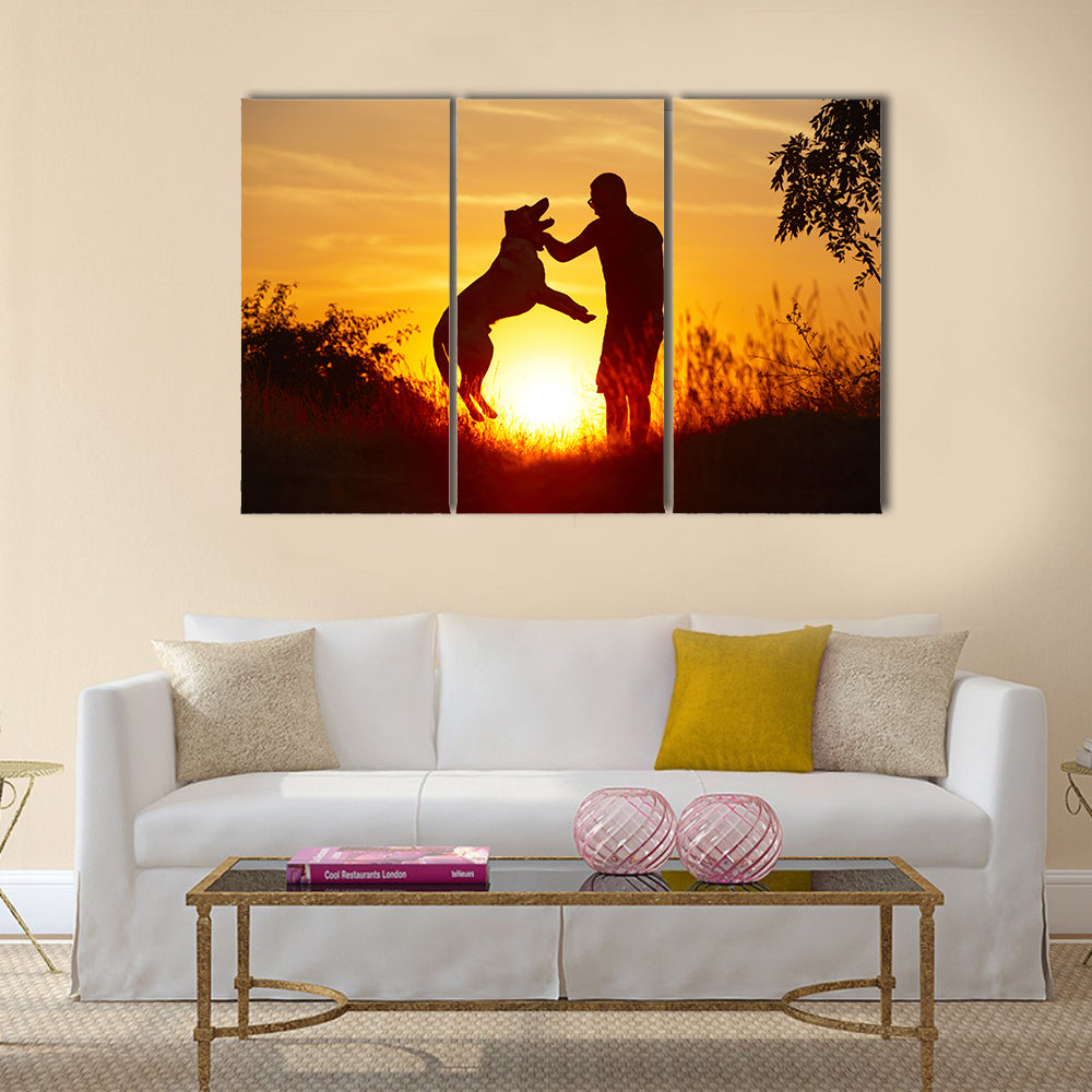 Young man with his yellow labrador retriever in nature - back lit  Multi panel canvas wall art