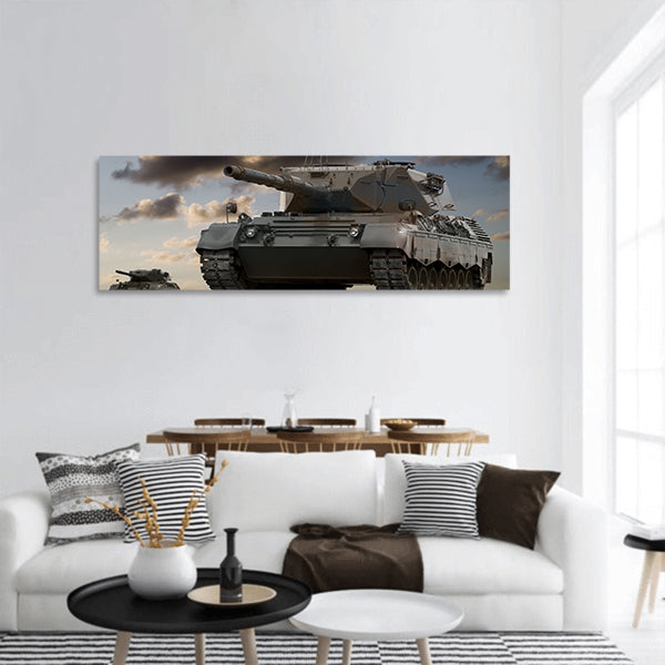 European-built battle tanks preparing to engage the enemy panoramic canvas wall art