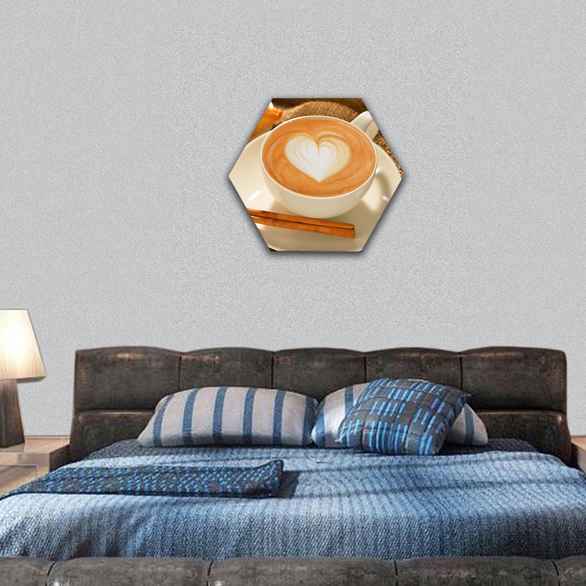 A cup of cafe latte with coffee beans and puff pastry hexagonal canvas wall art