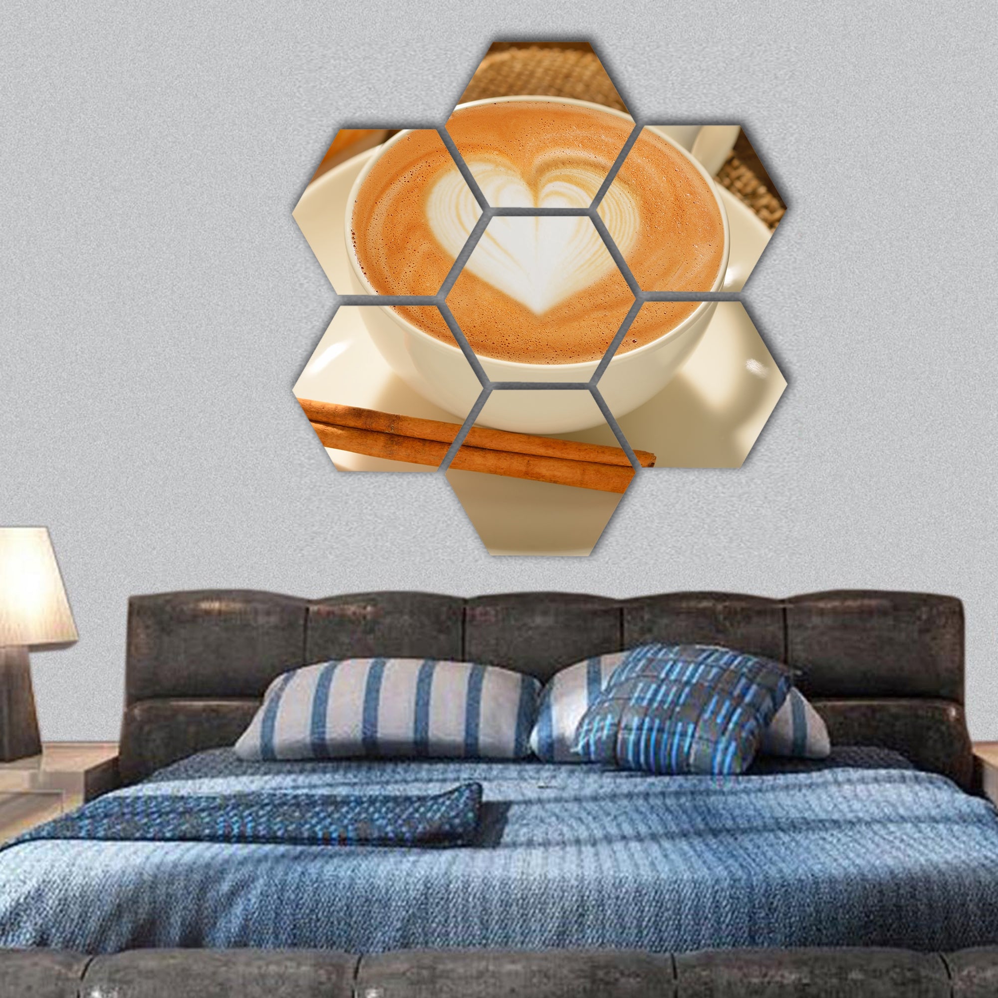 A cup of cafe latte with coffee beans and puff pastry hexagonal canvas wall art