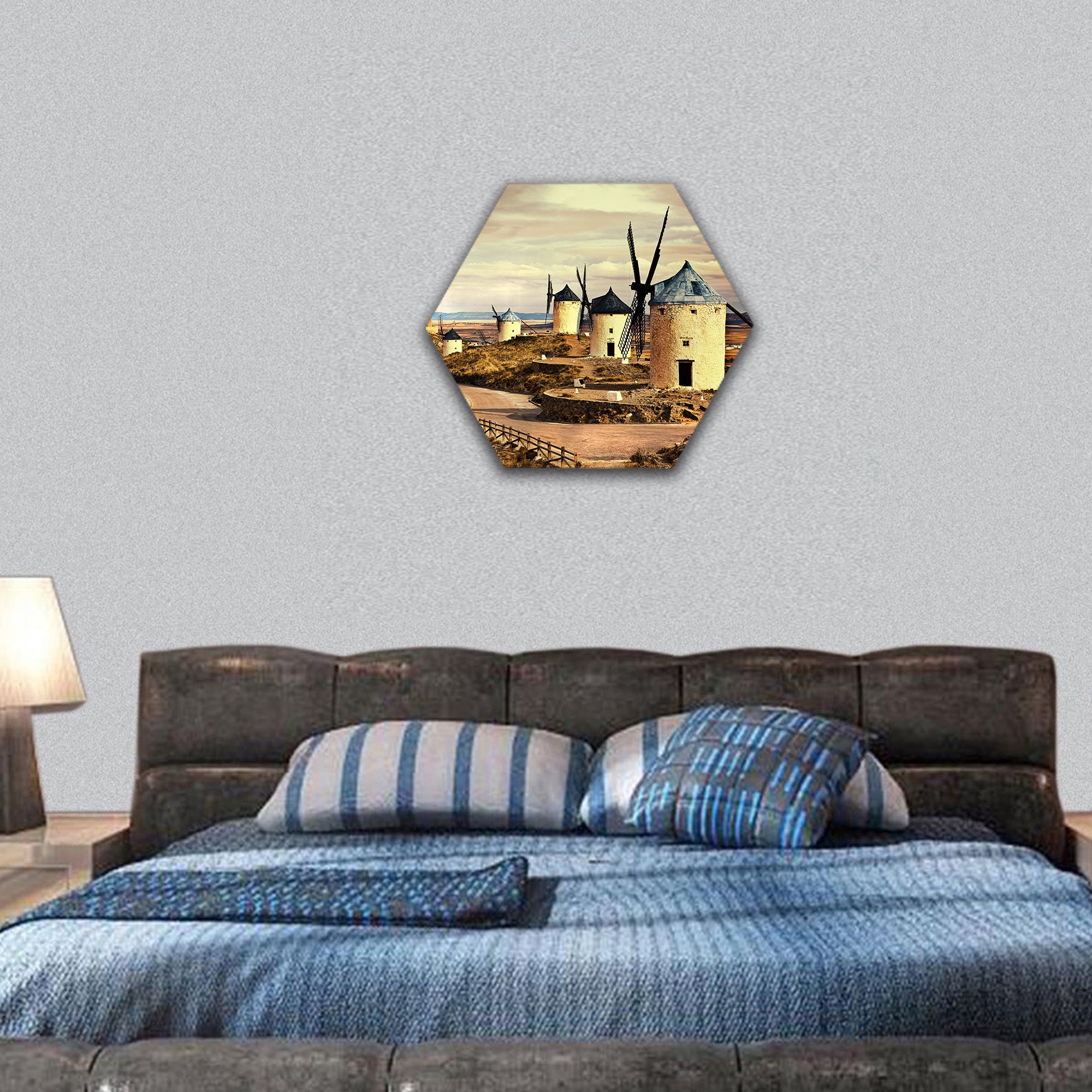 Windmills of Spain on sunset hexagonal canvas wall art