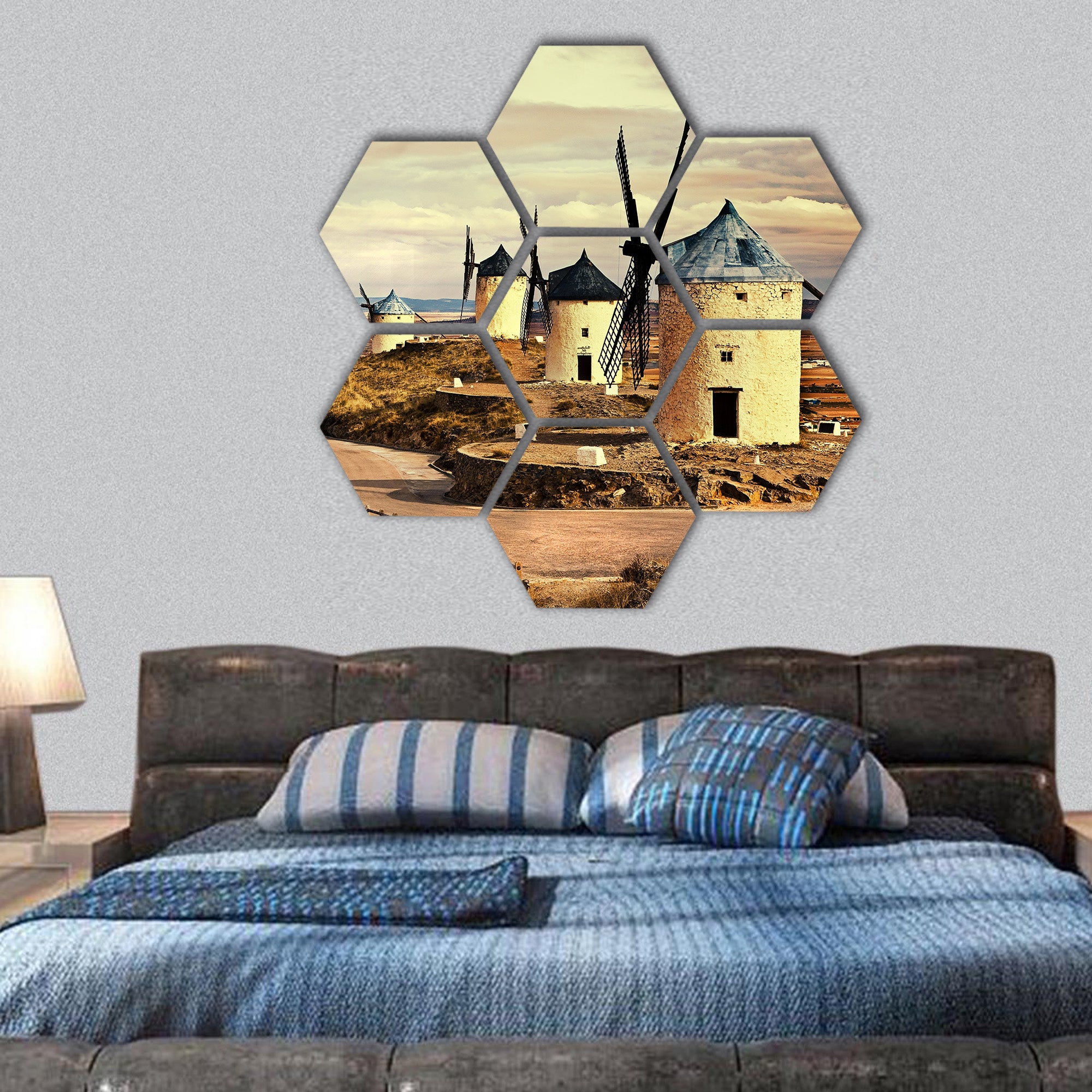 Windmills of Spain on sunset hexagonal canvas wall art