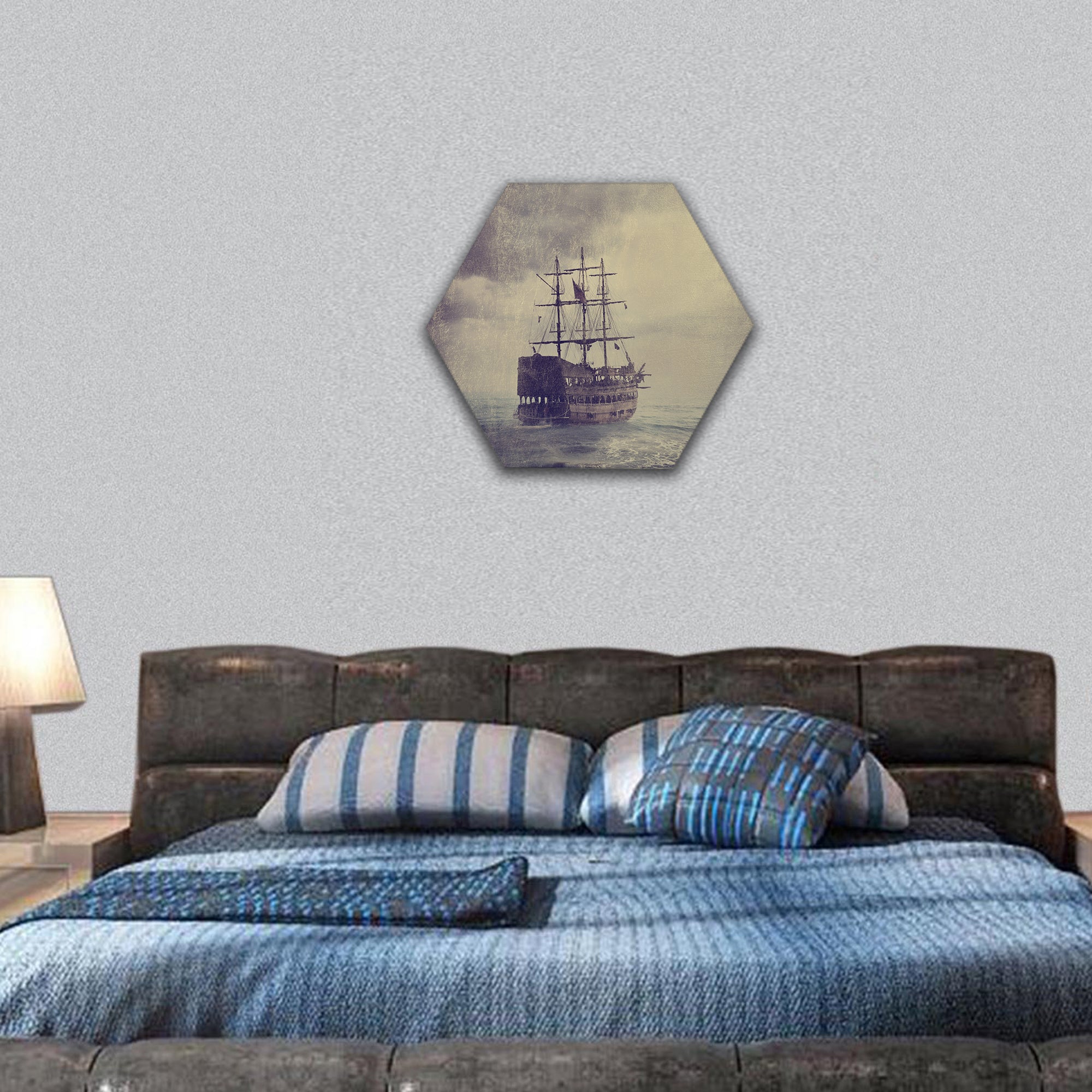 Old pirate ship in the sea hexagonal canvas wall art