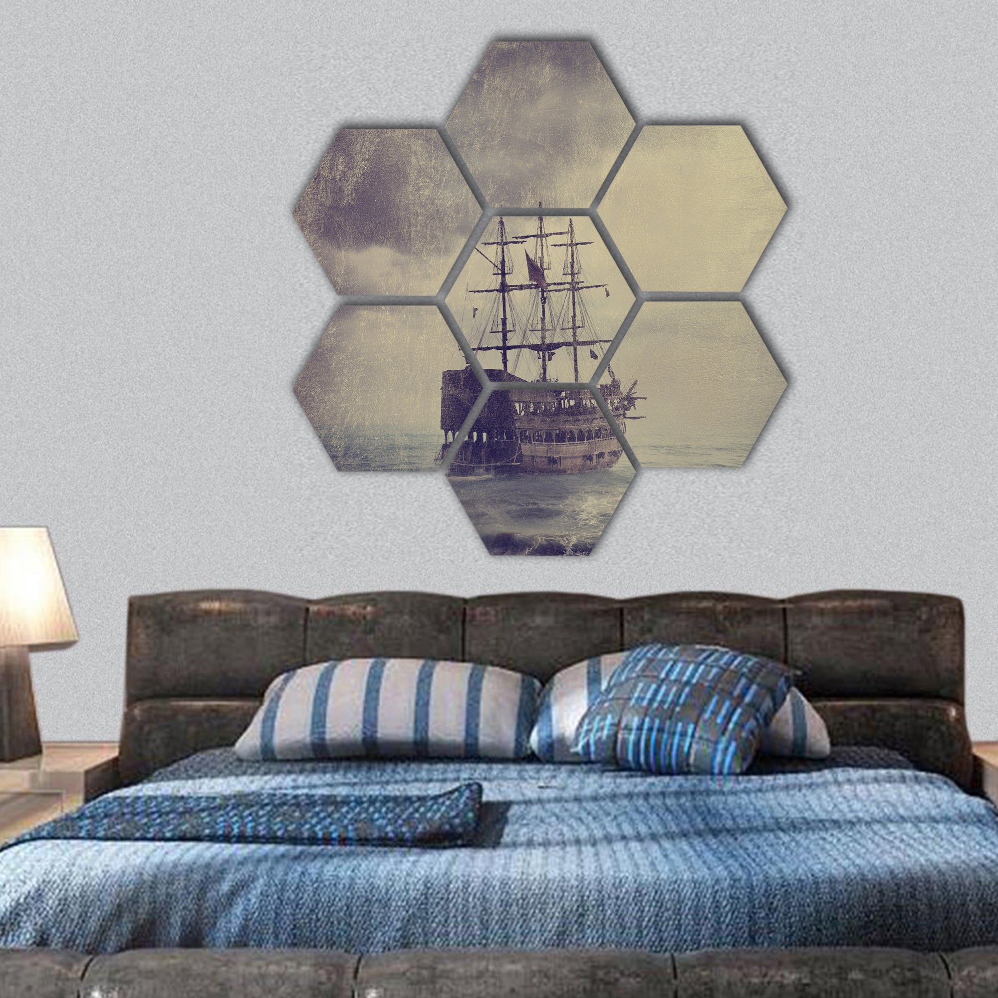 Old pirate ship in the sea hexagonal canvas wall art