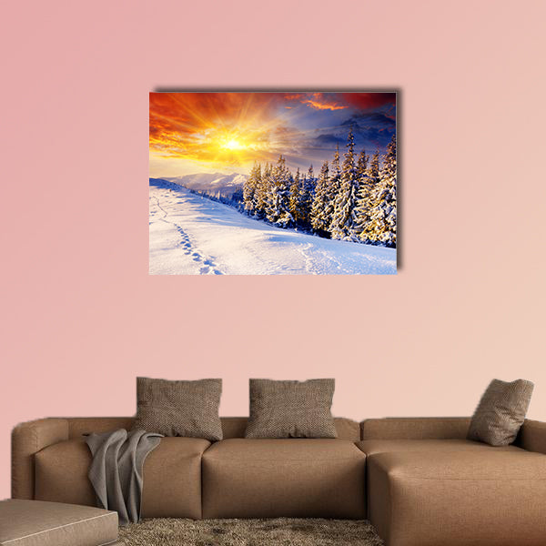 Majestic sunset in the winter mountains landscape, multi panel canvas wall art