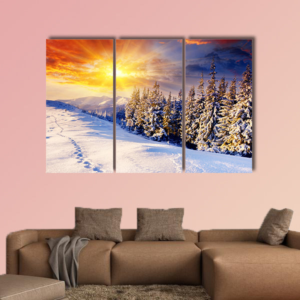 Majestic sunset in the winter mountains landscape, multi panel canvas wall art