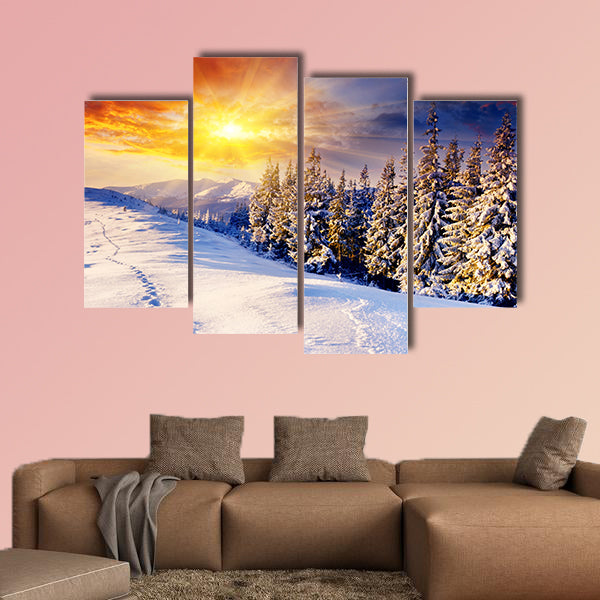 Majestic sunset in the winter mountains landscape, multi panel canvas wall art